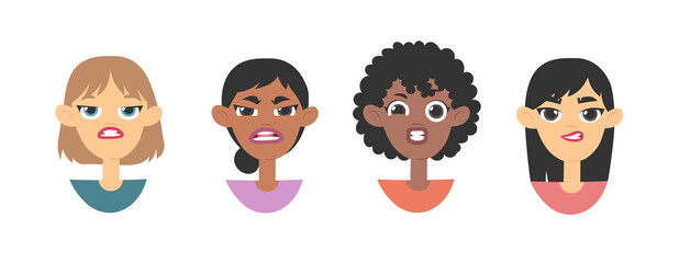 Set of emotional women emoji. Cartoon style illustration female emoticon. Isolated Hand drawn vector facial expression. Gestures Collection Expressing Different Emotions