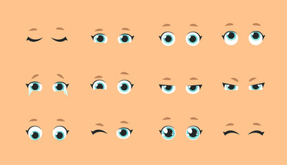 Fototapeta premium Emotional women eyes. Cartoon style illustration female looks. Isolated Hand drawn vector facial expression. Gestures Collection Expressing Different Emotions