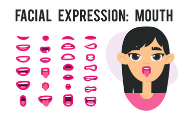 Asian Women lips for animation with Alphabet pronunciation. Cartoon style illustration female mouth ABC. Isolated Hand drawn vector facial expression. Gestures Collection Expressing Different sound