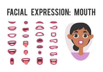 Set of emotional african american women lips. Cartoon style illustration female mouth. Isolated Hand drawn vector facial expression. Pink lipstick Gestures Collection Expressing Different Emotions