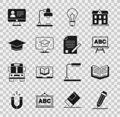 Set Pencil with eraser, Open book, Chalkboard, Light bulb idea, Graduation cap in speech bubble, Online class and Exam sheet and pencil icon. Vector