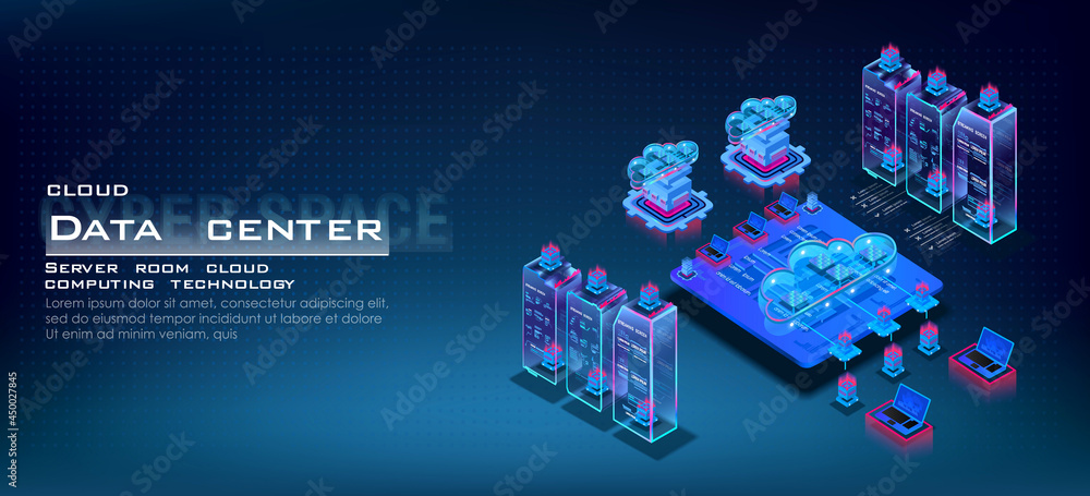 Poster server room with powerful processor for web hosting. isometric concept of data center. big data stor