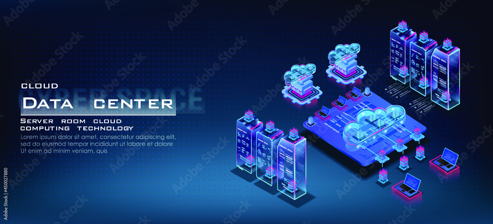 Poster server room with powerful processor for web hosting. isometric concept of data center. big data stor