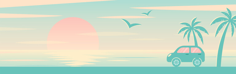 vector background with sunset on the beach with palms and a car for banners, cards, flyers, social media wallpapers, etc.