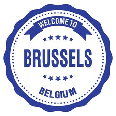 WELCOME TO BRUSSELS - BELGIUM, words written on blue stamp