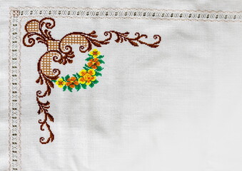 cross-stitch products folk crafts ornaments and patterns embroidered on canvas. linen cloth
