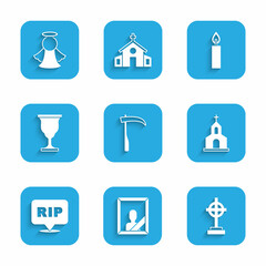 Set Scythe, Mourning photo frame, Grave with cross, Church building, Speech bubble rip death, Christian chalice, Burning candle and Angel icon. Vector