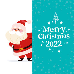 Christmas banner with cute happy winter Santa Claus character and text Merry Christmas greeting on blue background. Vector flat illustration. For cards, packaging, web.