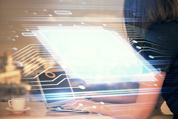 Multi exposure of woman hands working on computer and data theme hologram drawing. Tech concept.