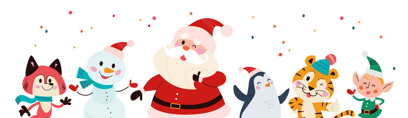 Christmas banner with cute happy winter characters. Santa Claus, elf, snowman, penguin, fox, tiger isolated. Vector flat cartoon illustration. For cards, packaging, web, invitation.
