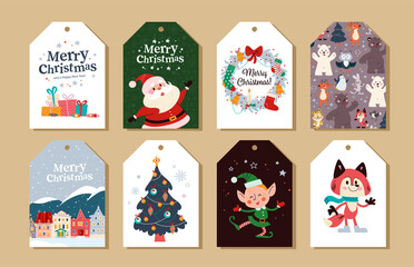 Collection of Merry Christmas congratulation tags and stickers with Santa Claus, elf, fox character, fir tree, winter village, gifts, xmas wreath and animal pattern. Vector flat cartoon illustration.