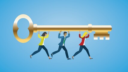 People running with the key to success, golden key. Vector illustration. Dimension 16:9. EPS10.
