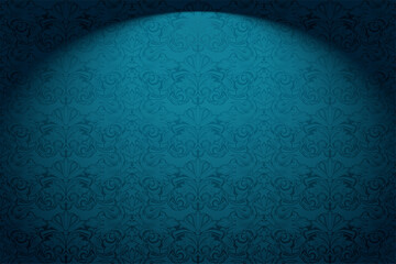 Vintage, Gothic horizontal background in the Baroque, rococo style. Luxurious, royal wallpaper in dark blue color with stage lighting. Vector illustration