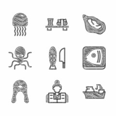 Set Fish with sliced pieces, Fisherman, Fishing boat, head, steak, Octopus, Mussel and Jellyfish icon. Vector