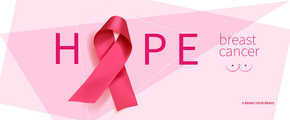 Breast cancer awareness month poster background concept design. Realistic pink bow ribbon vector illustration template