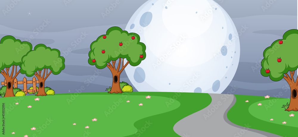 Canvas Prints blank horizontal scene with many tree in the park with big moon