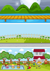 Set of different horizon scenes background with doodle kids cartoon character