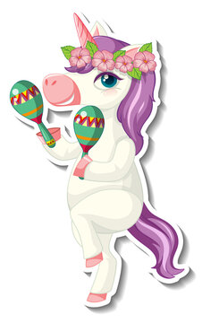 Cute unicorn stickers with a unicorn playing maracus