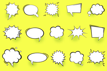 Collection of empty comic speech bubbles with halftone shadows. Hand drawn retro cartoon stickers. Pop art style. Vector illustration.