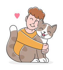 Young man and the cat are hugging. Pet care vector illustration.  