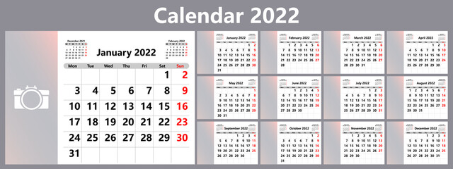 Calendar planner for 2022. The week starts on Monday. Vector illustration