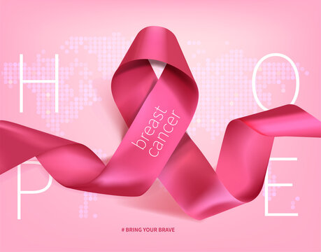 Breast cancer awareness month poster background concept design. Realistic pink bow ribbon vector illustration template