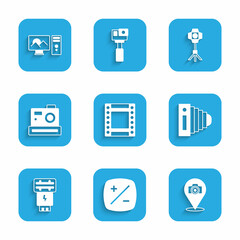 Set Camera roll cartridge, Exposure compensation, Photo camera, flash, Softbox light and retouching icon. Vector