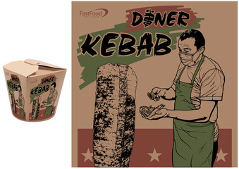 Graphic Design of the Cover for Doner Kebab - Colored Illustration with 3D model of Printed Paper Box Isolated on White Background, Vector