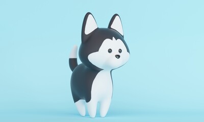Cute little husky dog on blue background with copy space. 3d rendering