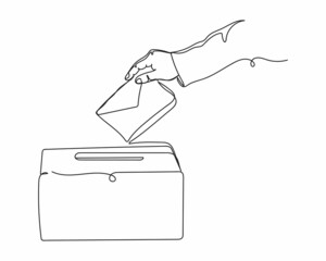 Continuous one line drawing of ballot box with person casting vote on voting slip grungy in silhouette on a white background. Linear stylized.Minimalist.