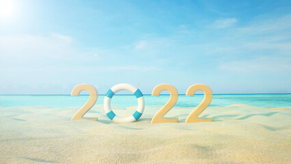 Fototapeta na wymiar 2022 text on the beach with sea background.3d rendering