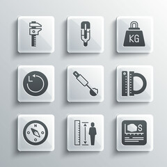 Set Measuring height body, Area measurement, Protractor and ruler, spoon, Compass, Radius, Calliper caliper scale and Weight icon. Vector