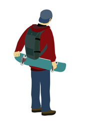 スケートボードを背面で両手持ちしている男性の後ろ姿のイラスト
