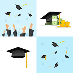 Graduation concept with flying caps and hats, idea of education tuition achievement earnings or study cost flat cartoon illustration set, learning loan or financial knowledge wealth