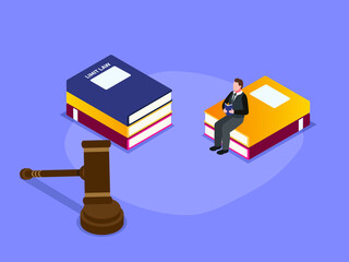 Limit laws vector concept: Young man sitting with book about limit laws near the gavel