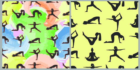 A set of seamless vector patterns depicting silhouettes of girls with a yoga pose, against the background of strokes of colorful brushes. 