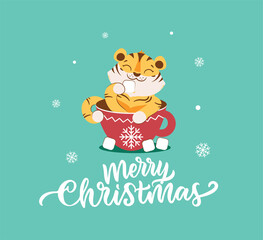 Fototapeta na wymiar The Merry Christmas card with tiger in the cocoa and eating marshmallow