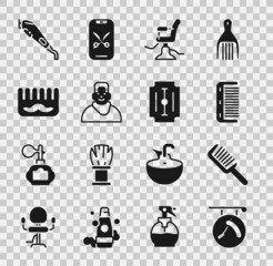 Set Barbershop with razor, Hairbrush, chair, Client in barbershop, Electrical clipper and Blade icon. Vector