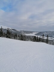 Fototapeta na wymiar Skiing in the beautiful sunny and snowy weather in Åre Mountains Ski Resort in Sweden
