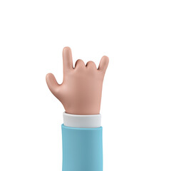 Cartoon character style hand showing rock and roll sign. 3D Rendering