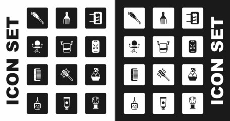 Set Barber shop pole, Towel on hanger, Barbershop chair, Electrical clipper, online service or platform, Barrette, Hairdresser pistol spray bottle and Hairbrush icon. Vector
