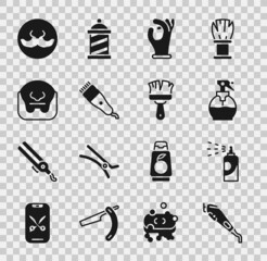 Set Electrical hair clipper, Spray can for hairspray, Hairdresser pistol bottle, Medical rubber gloves, Mustache and beard, and Shaving brush icon. Vector