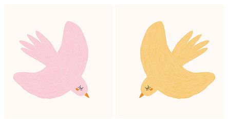 Cute Hand Drawn Vector Illustrations with Pink and Yellow Birds on a Light Beige Background. Sweet Infantile Style Nursery Art with Flying Birds ideal for Card, Wall Art, Poster, Decoration.