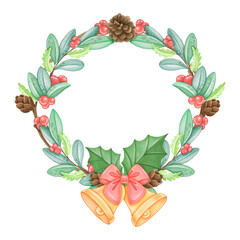 Watercolor christmas wreath with bow and bells