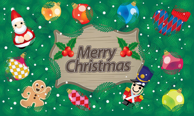 Naklejka premium Beautiful Christmas ornaments. With Christmas tree and falling snows background. Vector.