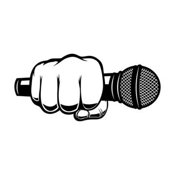 Human hand with microphone. Design element for sign, logo, label, t shirt. Vector illustration