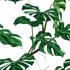 Tropical green monstera plant background. Seamless pattern. Graphic illustration. Exotic jungle plants. Summer beach floral design. Paradise nature.