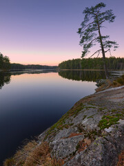 Obraz premium Granite stones, pine trees and forest are reflected in the clear serene waters of the Finnish lake.