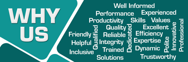 Why Us Word Cloud Turquoise Rounded Squares Horizontal