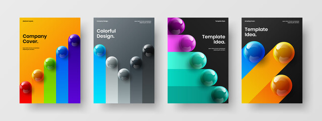 Unique realistic spheres leaflet concept set. Trendy company brochure A4 vector design illustration composition.